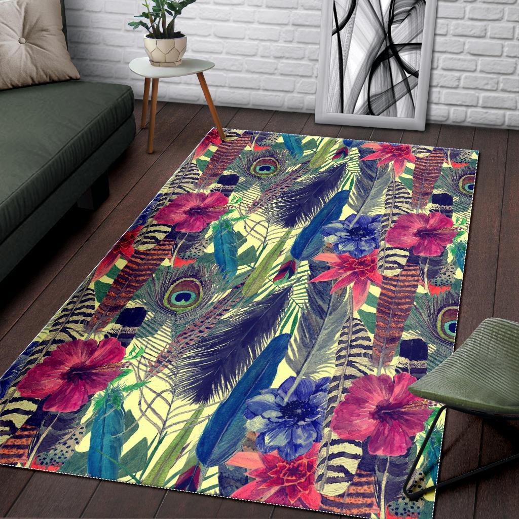 Peacock Feather Floral Pattern Print Floor Mat-grizzshop