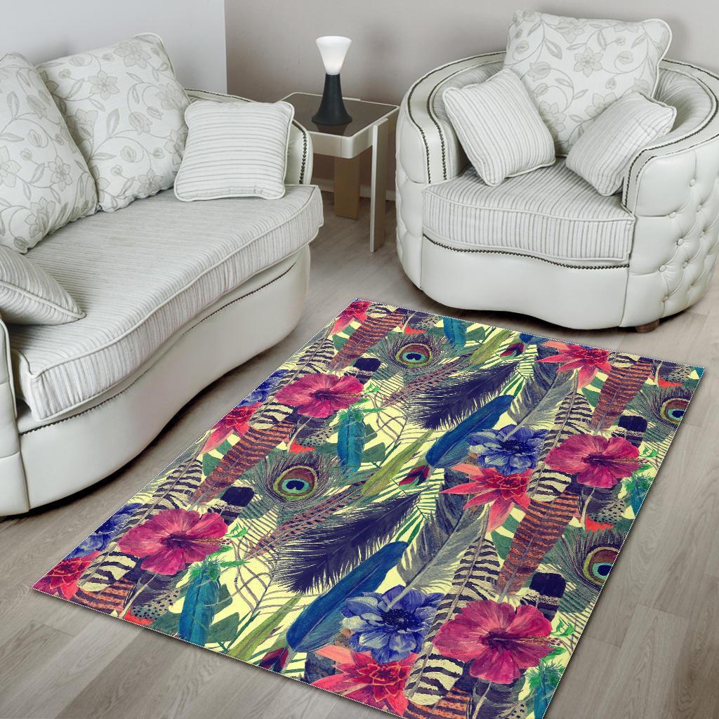 Peacock Feather Floral Pattern Print Floor Mat-grizzshop