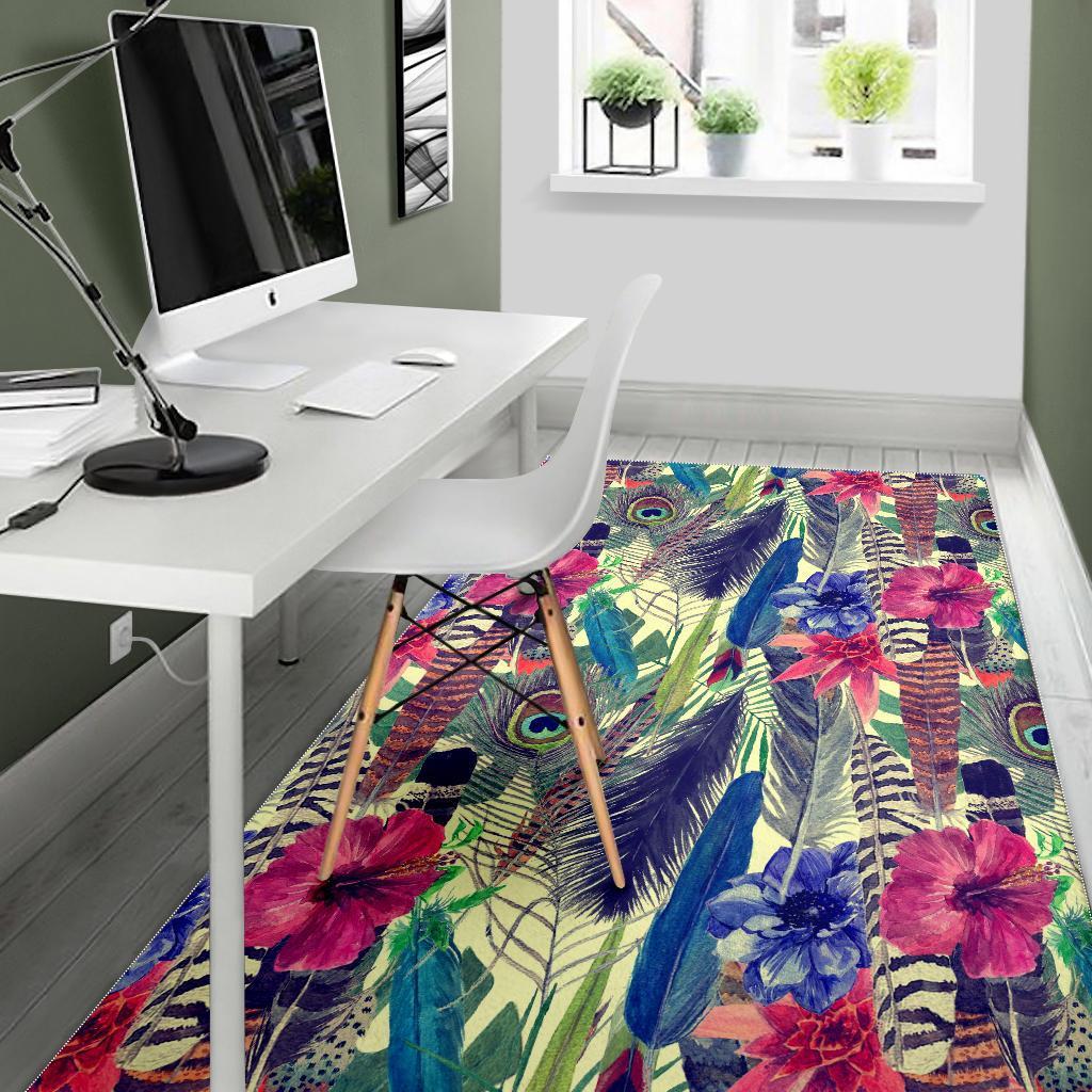 Peacock Feather Floral Pattern Print Floor Mat-grizzshop