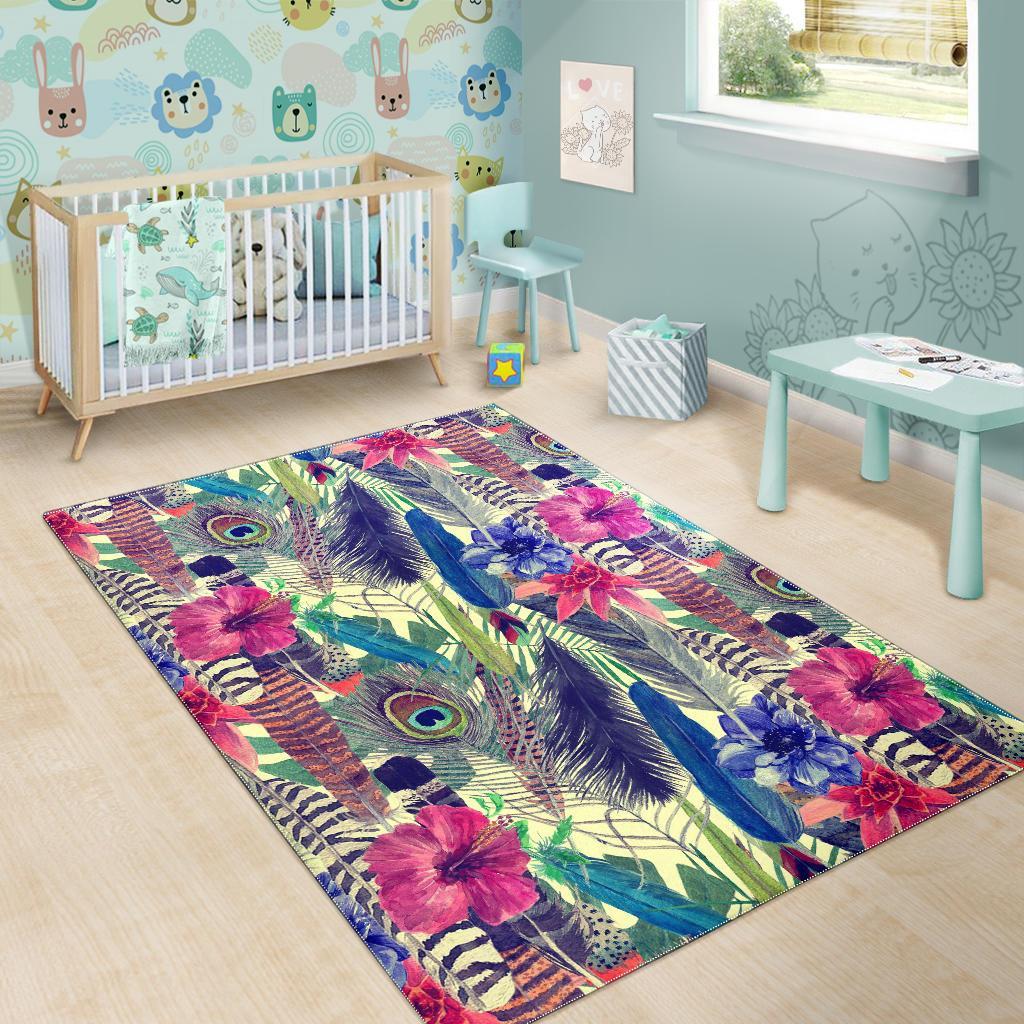 Peacock Feather Floral Pattern Print Floor Mat-grizzshop