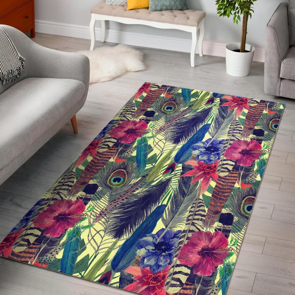 Peacock Feather Floral Pattern Print Floor Mat-grizzshop