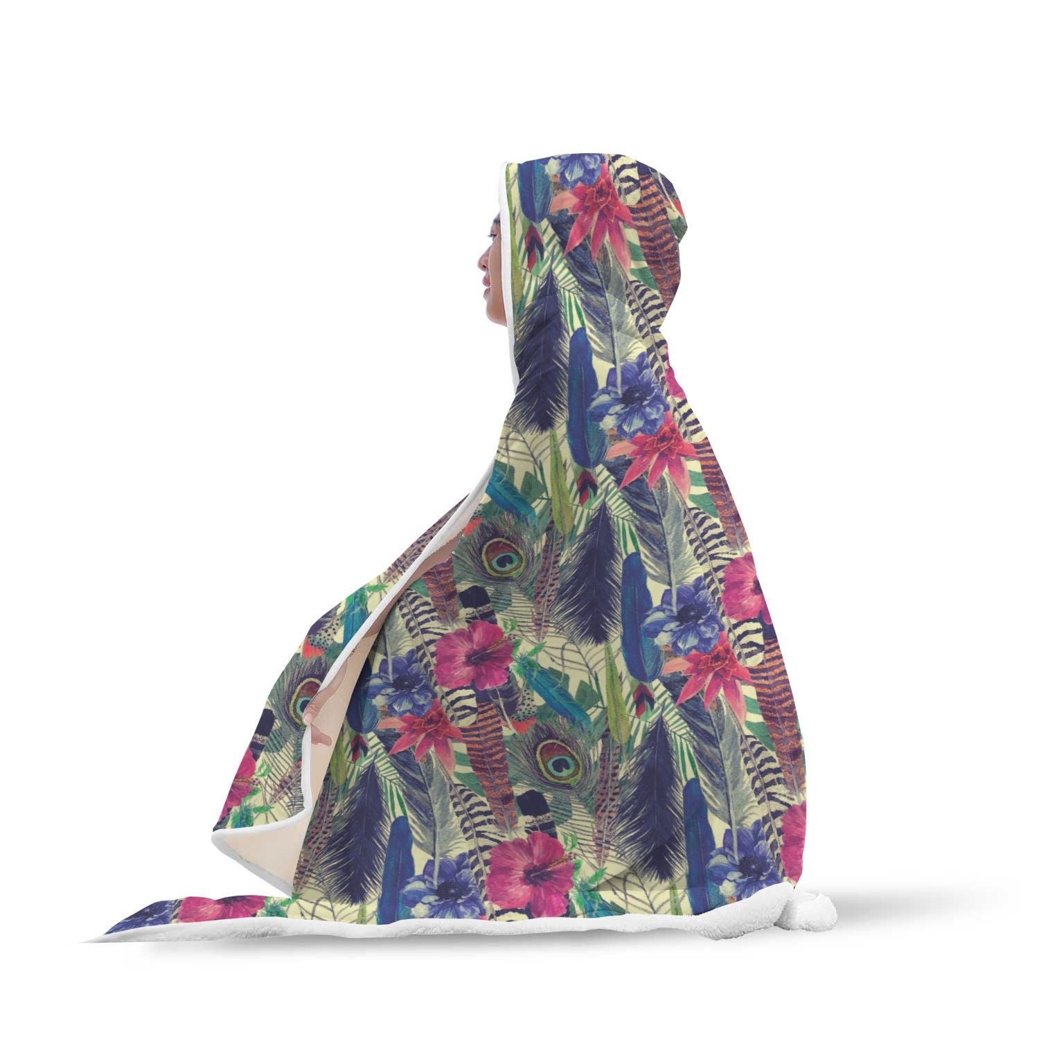Peacock Feather Floral Pattern Print Hooded Blanket-grizzshop