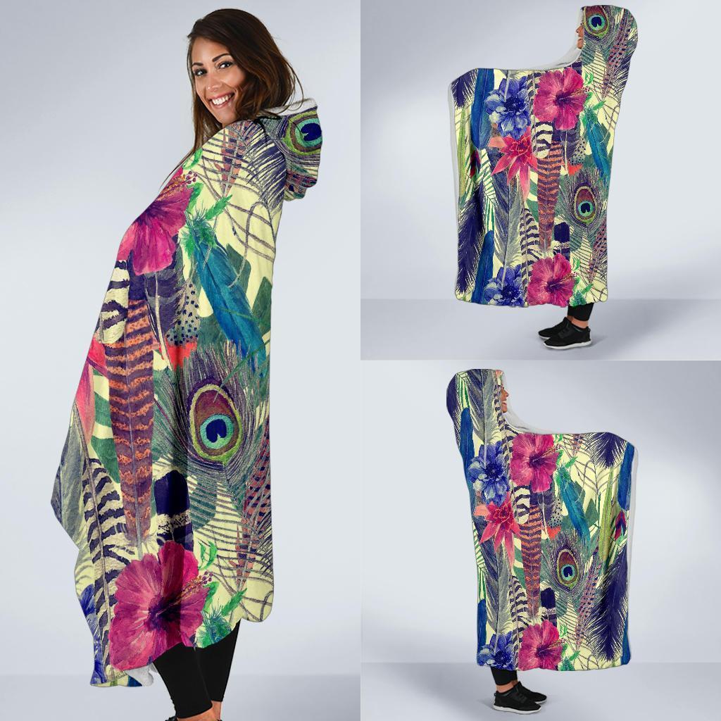 Peacock Feather Floral Pattern Print Hooded Blanket-grizzshop