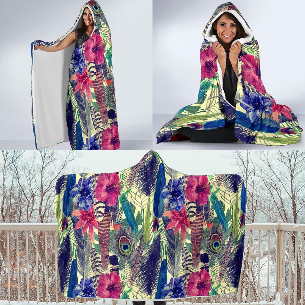 Peacock Feather Floral Pattern Print Hooded Blanket-grizzshop