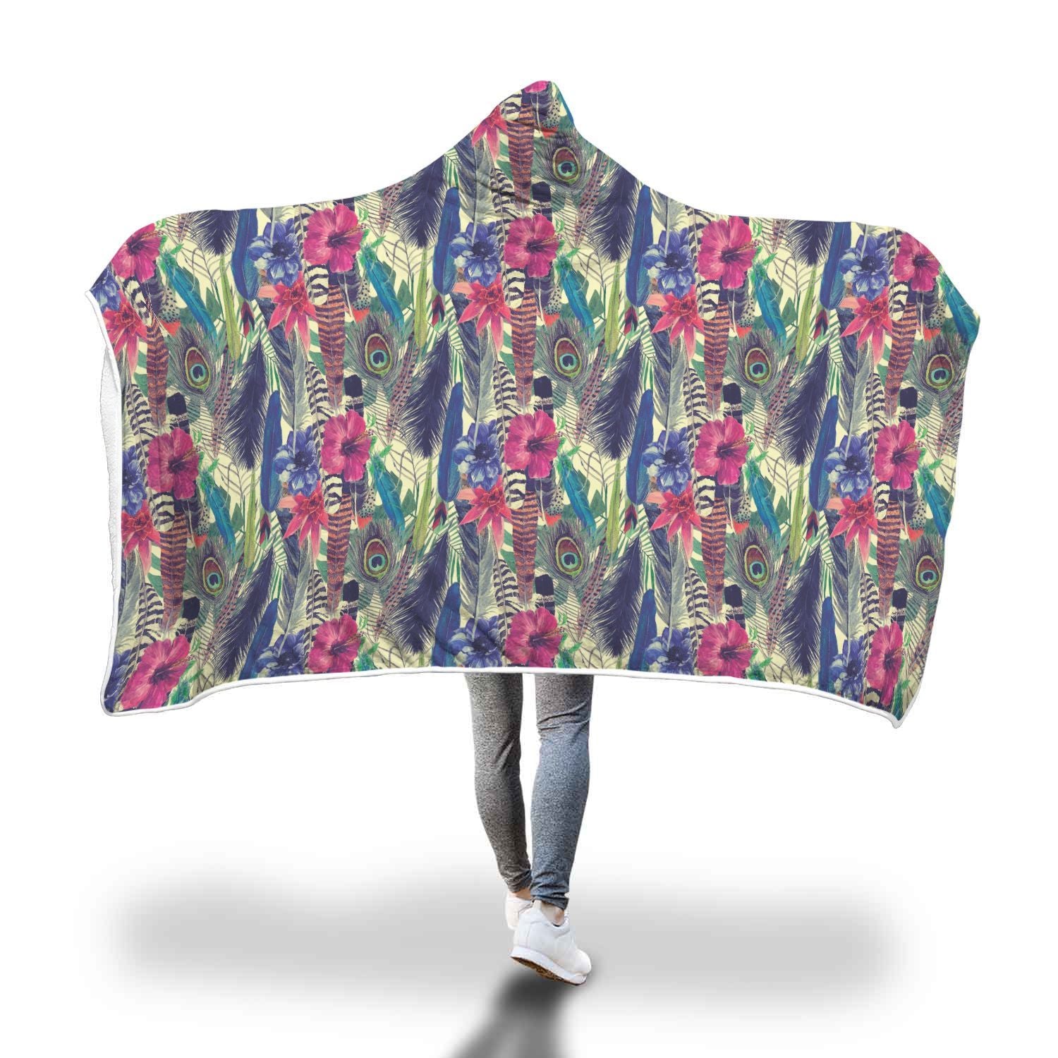 Peacock Feather Floral Pattern Print Hooded Blanket-grizzshop