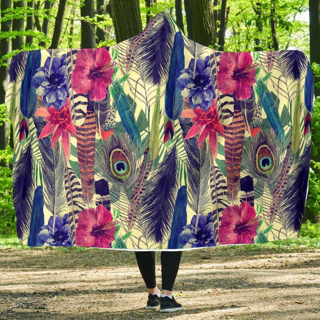 Peacock Feather Floral Pattern Print Hooded Blanket-grizzshop