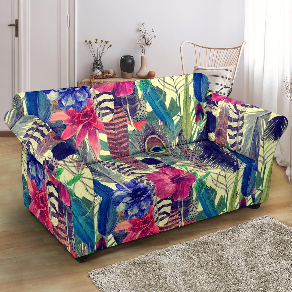 Peacock Feather Floral Pattern Print Loveseat Cover-grizzshop