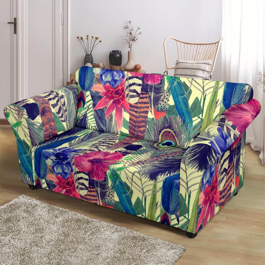 Peacock Feather Floral Pattern Print Loveseat Cover-grizzshop