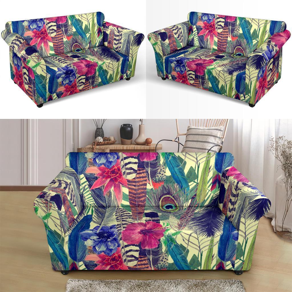 Peacock Feather Floral Pattern Print Loveseat Cover-grizzshop