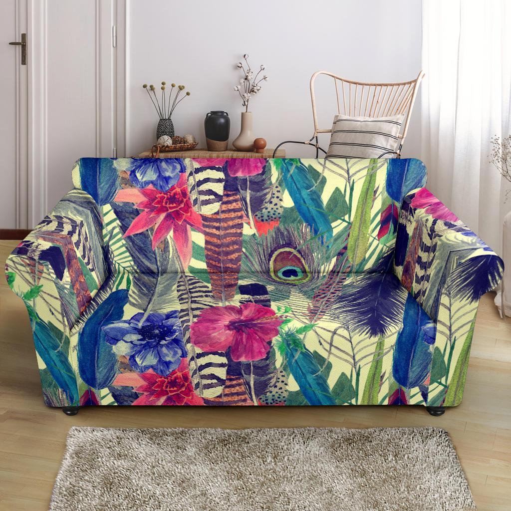 Peacock Feather Floral Pattern Print Loveseat Cover-grizzshop