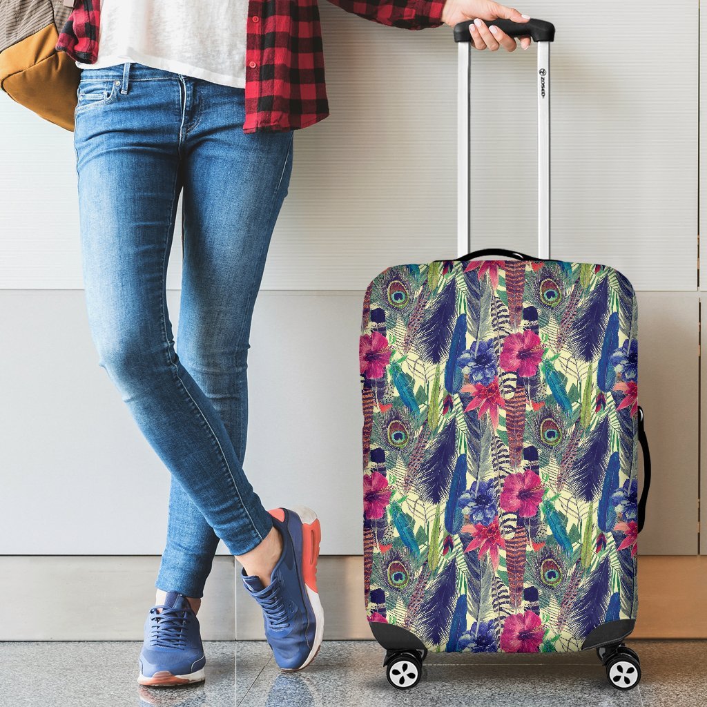 Peacock Feather Floral Pattern Print Luggage Cover Protector-grizzshop