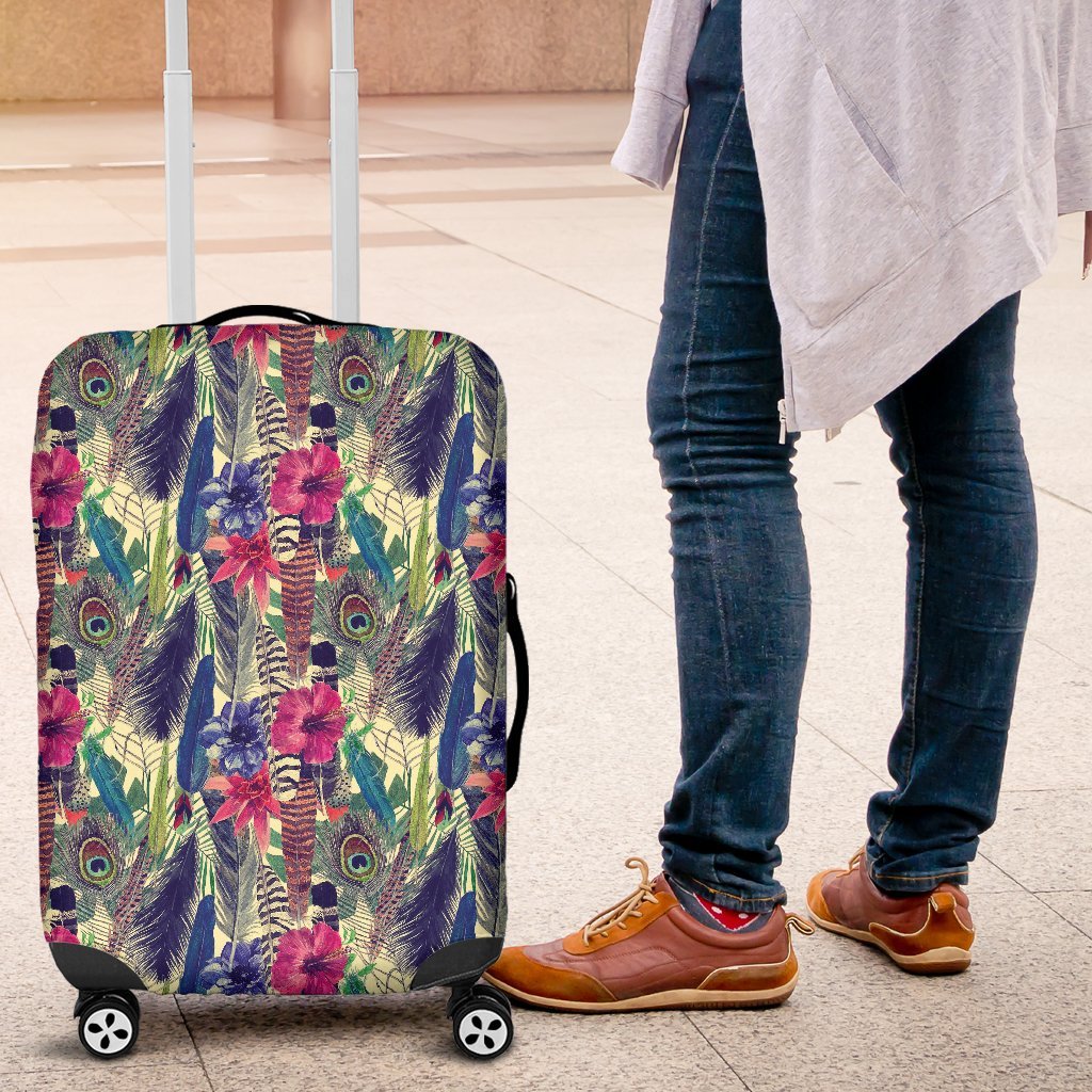 Peacock Feather Floral Pattern Print Luggage Cover Protector-grizzshop