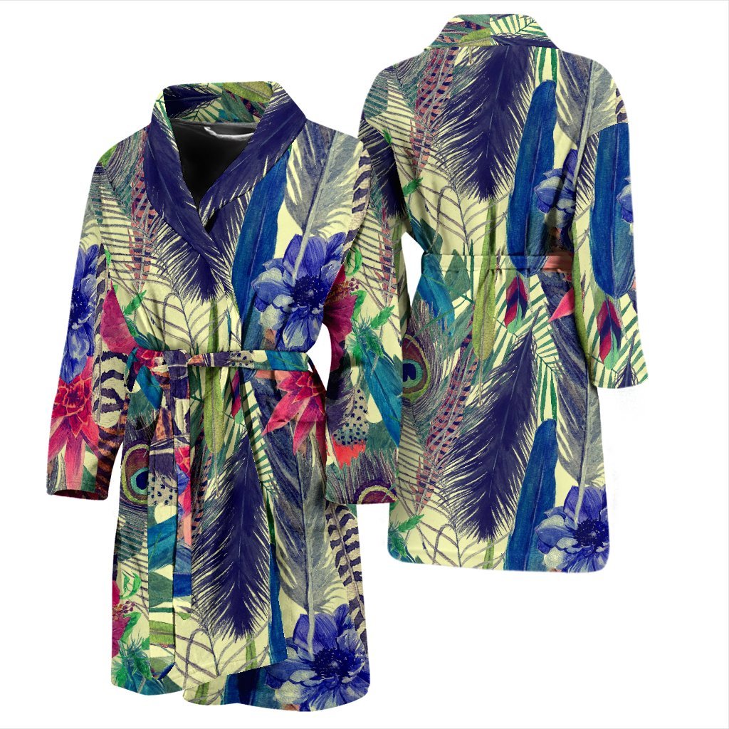 Peacock Feather Floral Pattern Print Men Long Robe-grizzshop