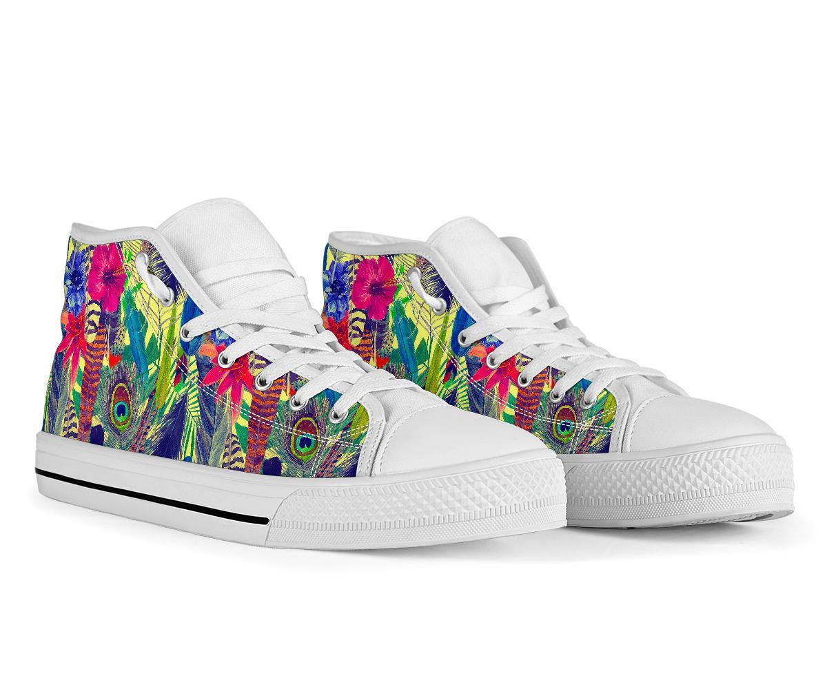Peacock Feather Floral Pattern Print Men Women's High Top Shoes-grizzshop