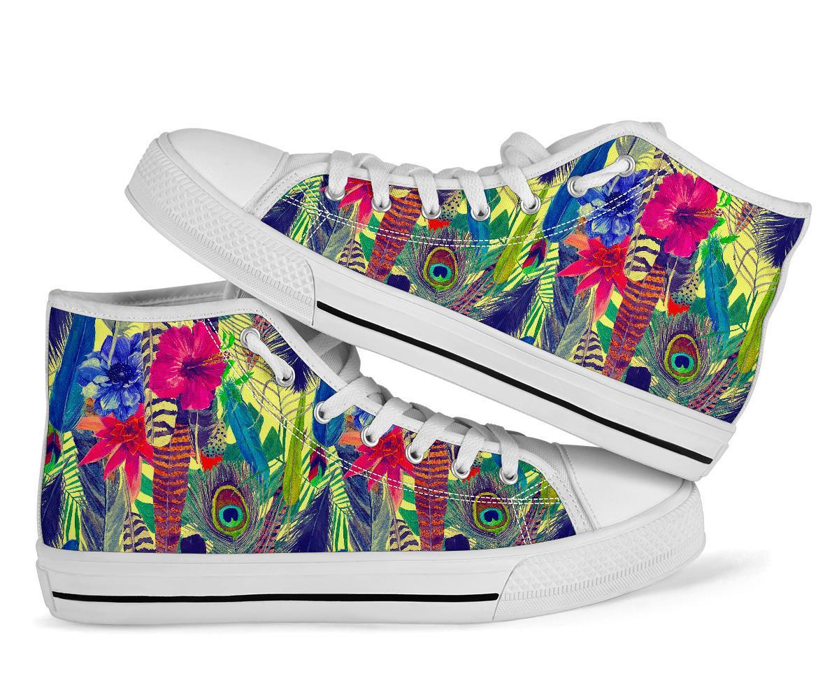 Peacock Feather Floral Pattern Print Men Women's High Top Shoes-grizzshop