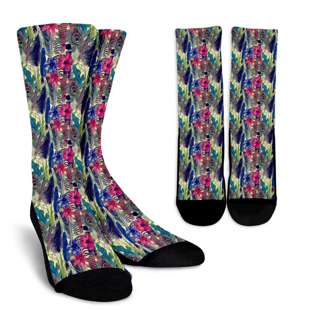 Peacock Feather Floral Pattern Print Unisex Crew Socks-grizzshop