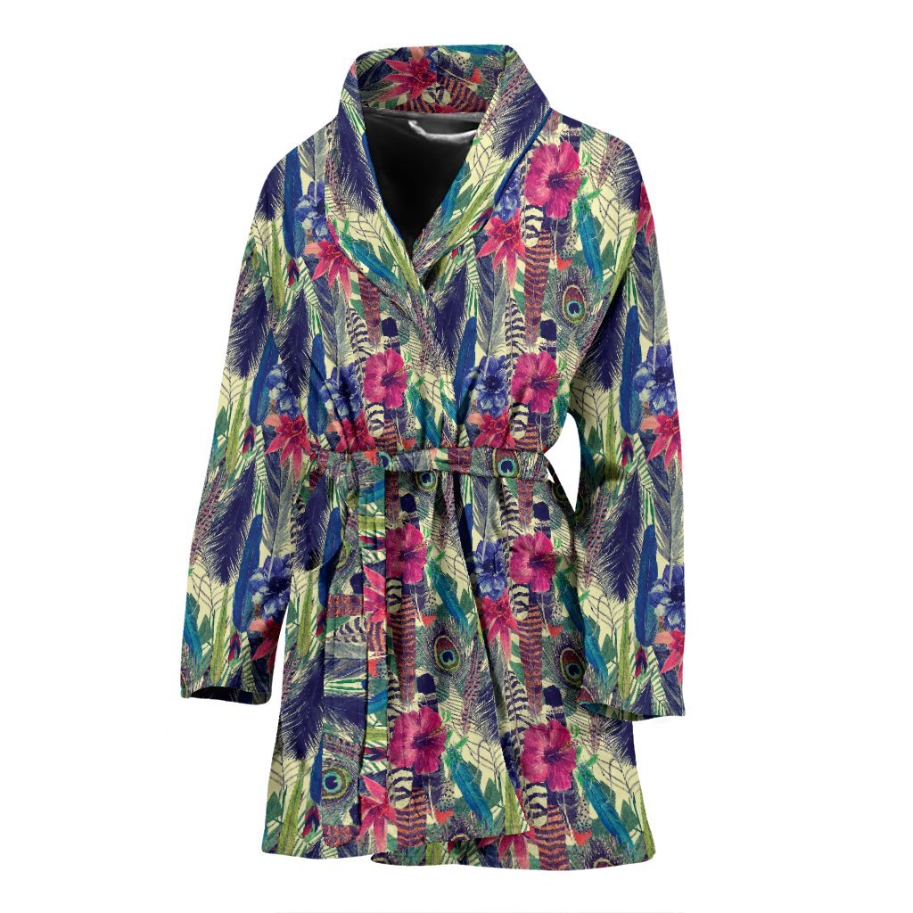 Peacock Feather Floral Pattern Print Women Long Robe-grizzshop