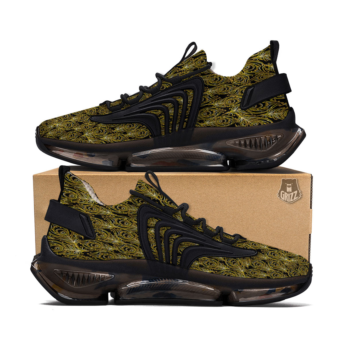Peacock Feather Gold And Black Print Black Gym Shoes-grizzshop