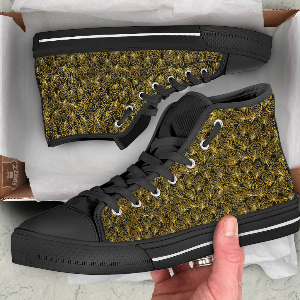 Peacock Feather Gold And Black Print Black High Top Shoes-grizzshop