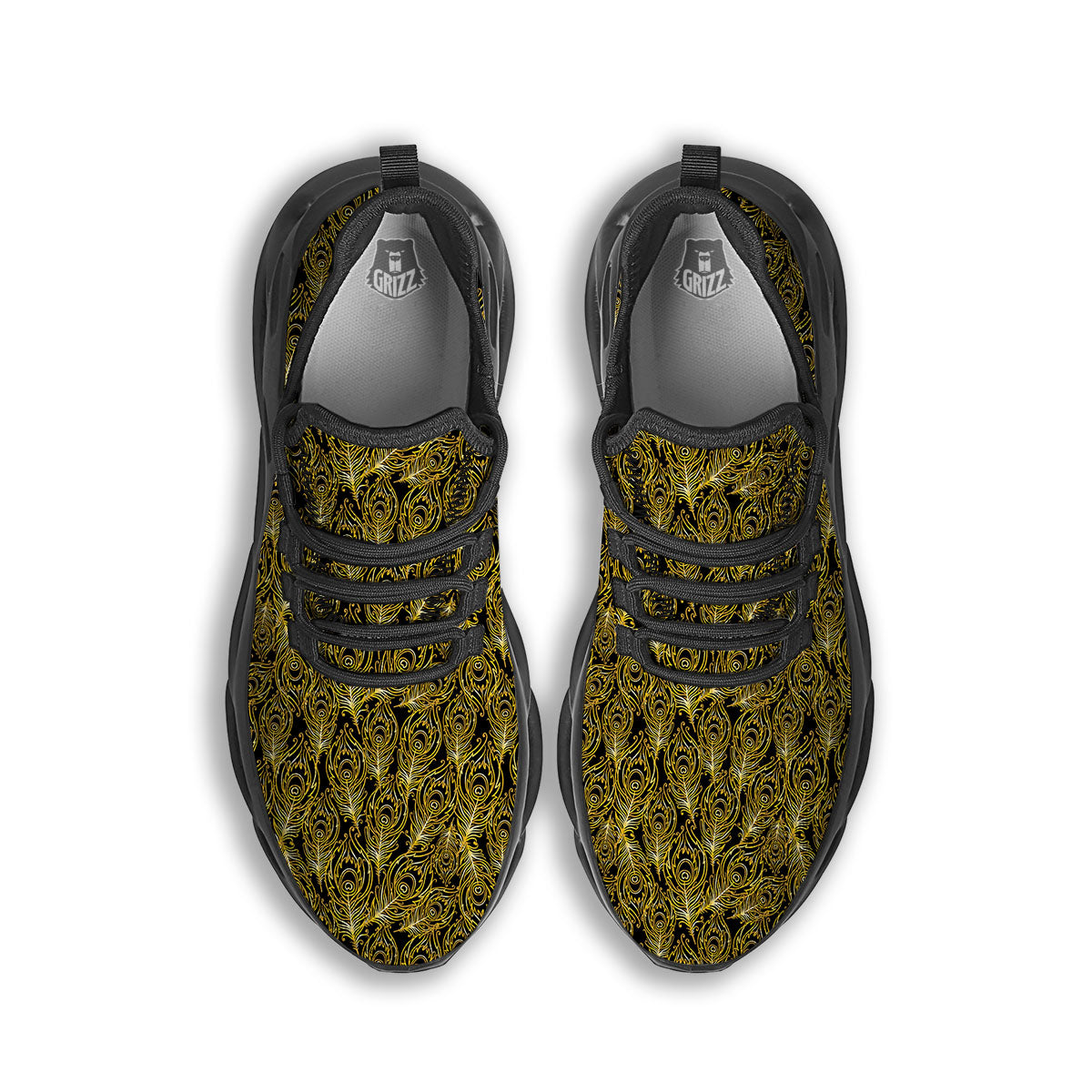 Peacock Feather Gold And Black Print Black Running Shoes-grizzshop