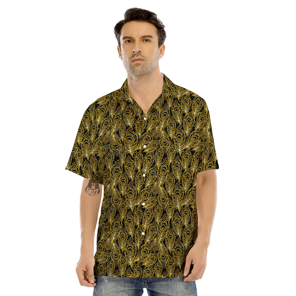 Peacock Feather Gold And Black Print Men's Hawaiian Shirt-grizzshop