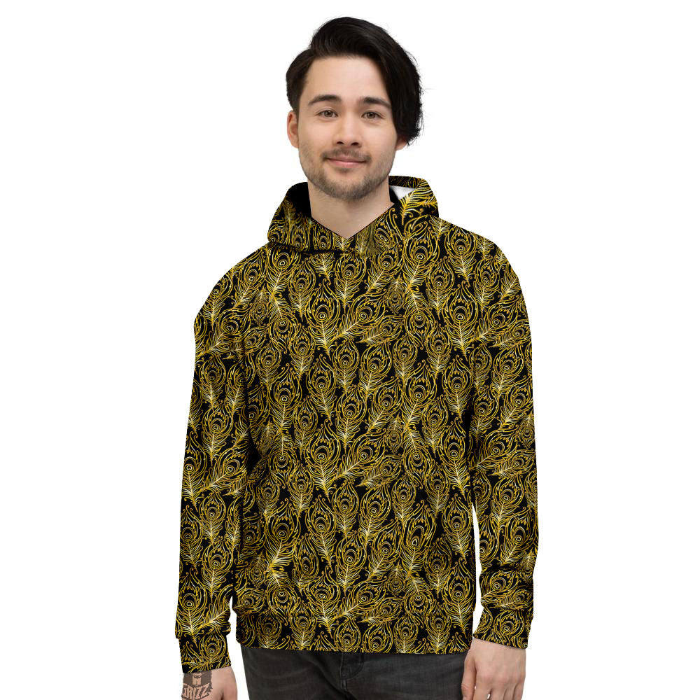 Peacock Feather Gold And Black Print Men's Hoodie-grizzshop