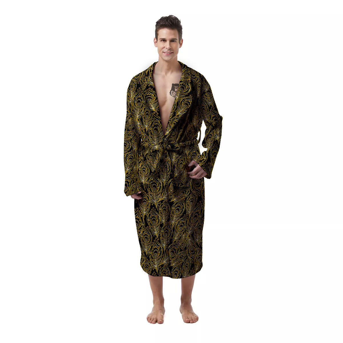 Peacock Feather Gold And Black Print Men's Robe