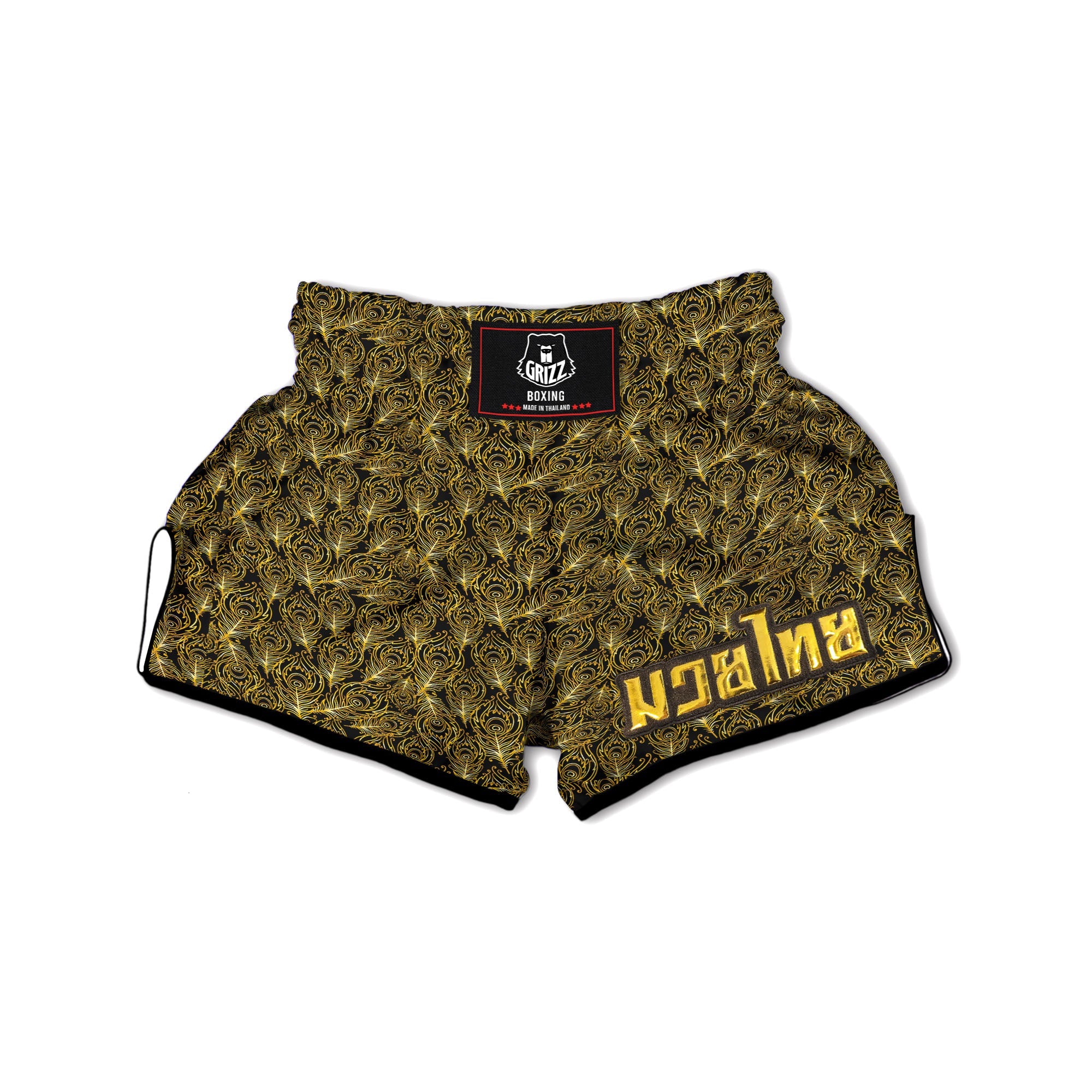 Peacock Feather Gold And Black Print Muay Thai Boxing Shorts-grizzshop
