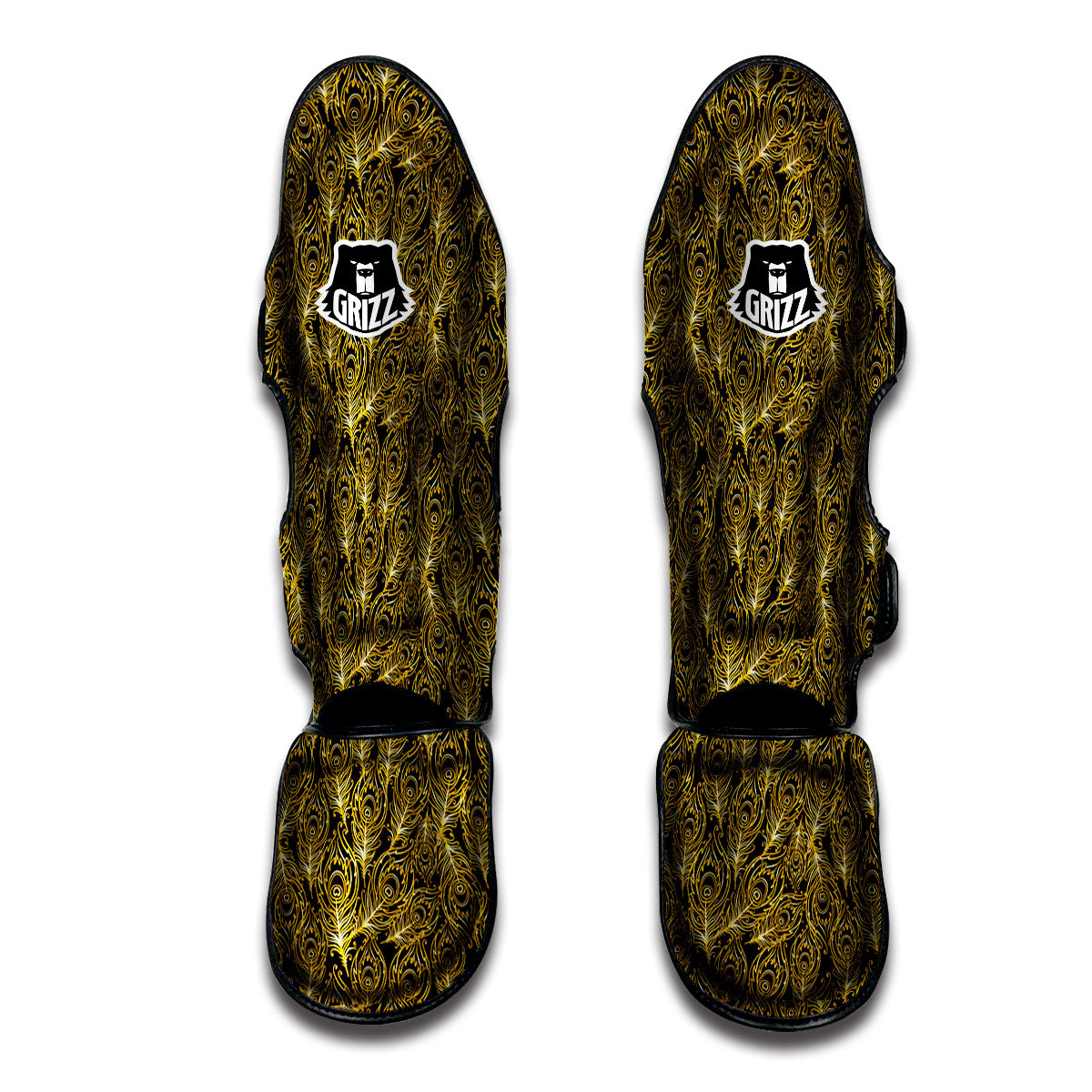 Peacock Feather Gold And Black Print Muay Thai Shin Guards-grizzshop