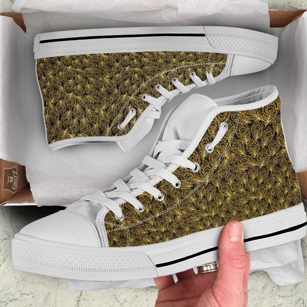 Peacock Feather Gold And Black Print White High Top Shoes-grizzshop