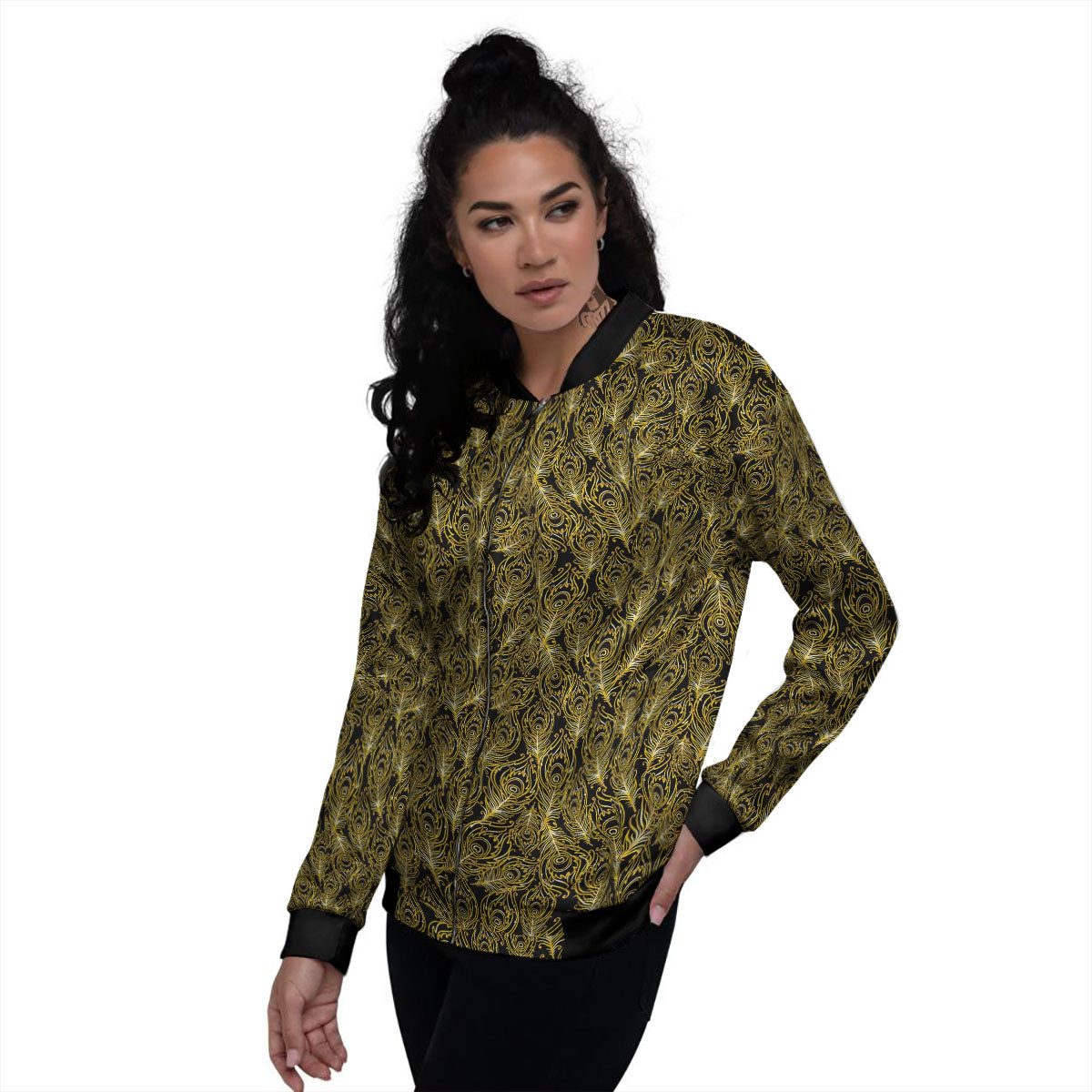 Peacock Feather Gold And Black Print Women's Bomber Jacket-grizzshop