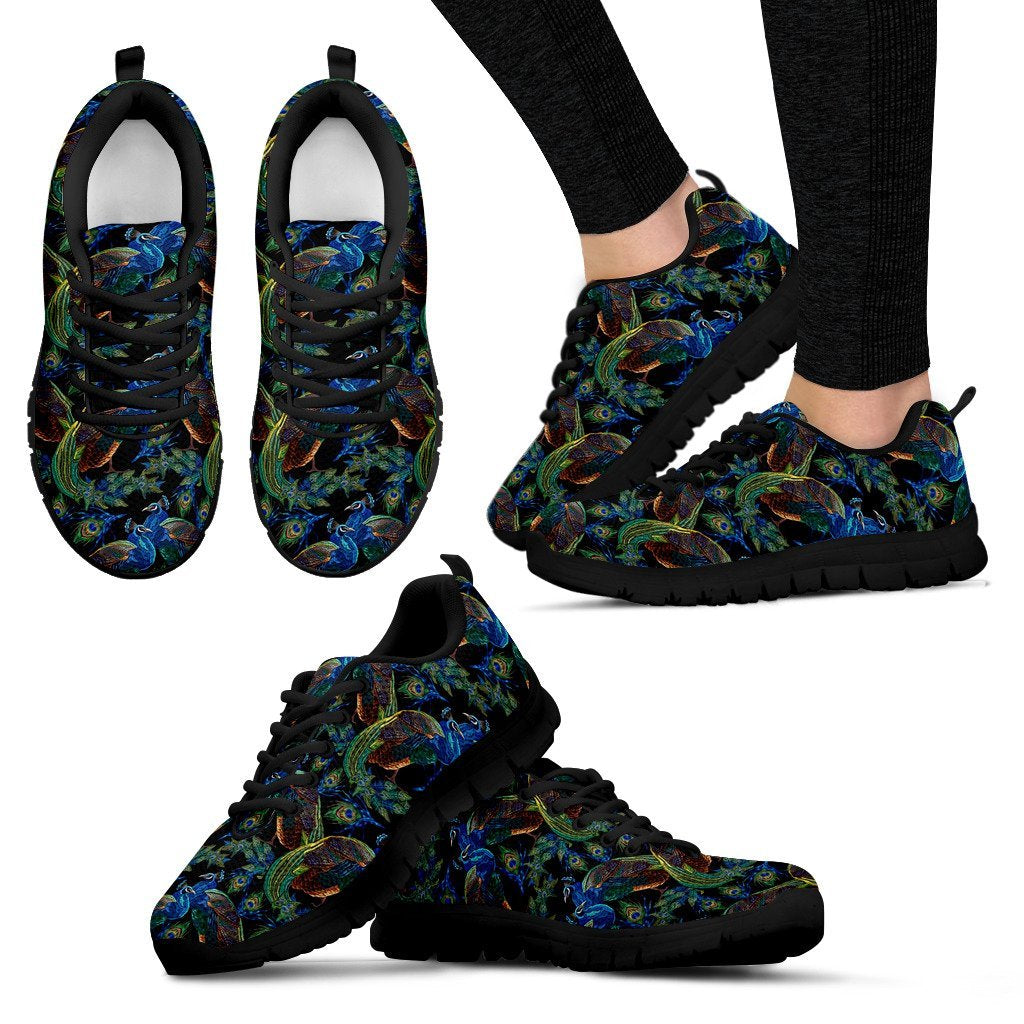 Peacock Feather Pattern Print Black Sneaker Shoes For Men Women-grizzshop