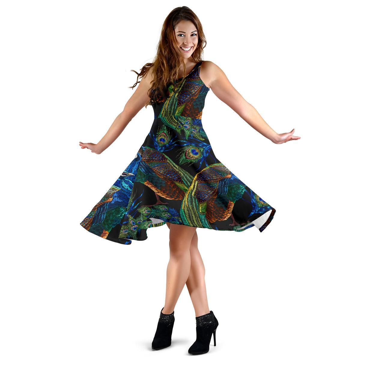 Peacock Feather Pattern Print Dress-grizzshop