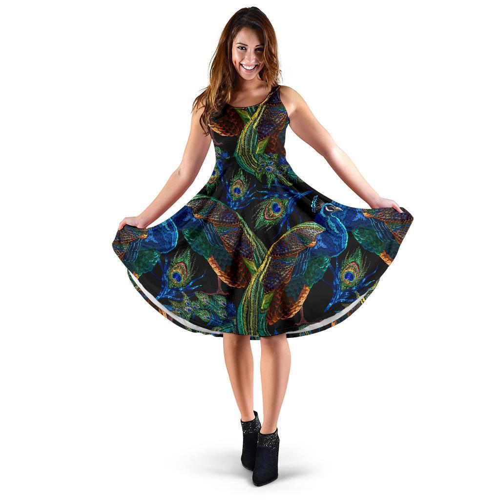 Peacock Feather Pattern Print Dress-grizzshop