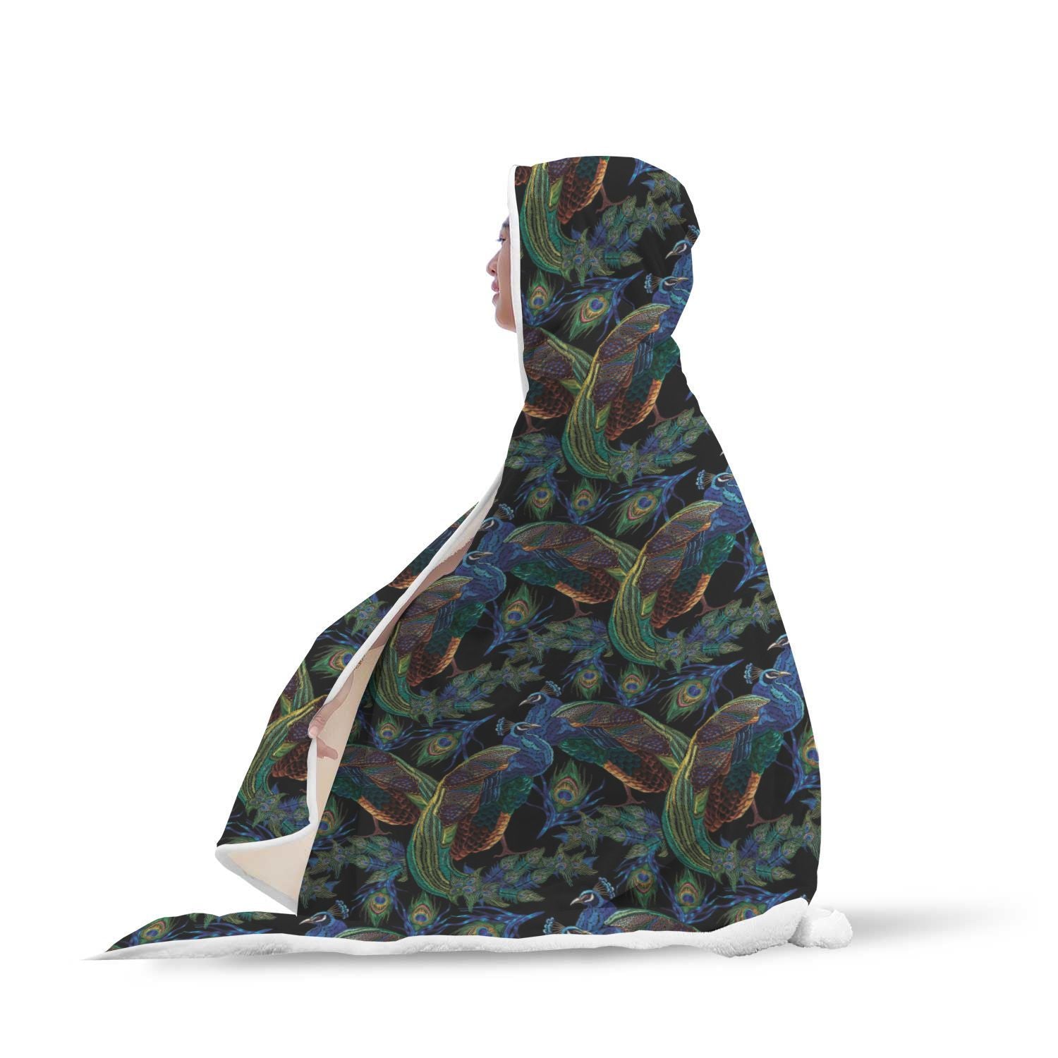 Peacock Feather Pattern Print Hooded Blanket-grizzshop
