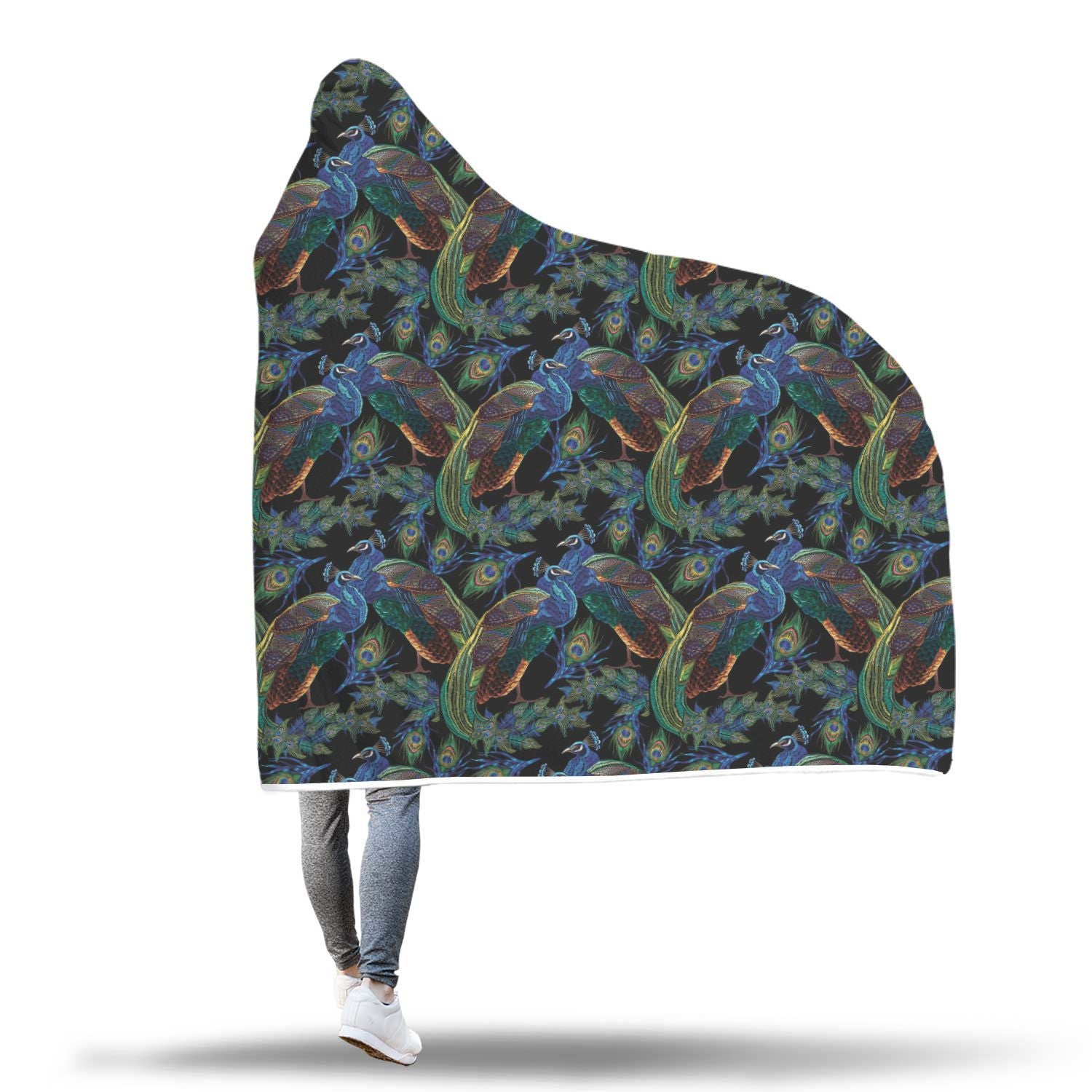 Peacock Feather Pattern Print Hooded Blanket-grizzshop