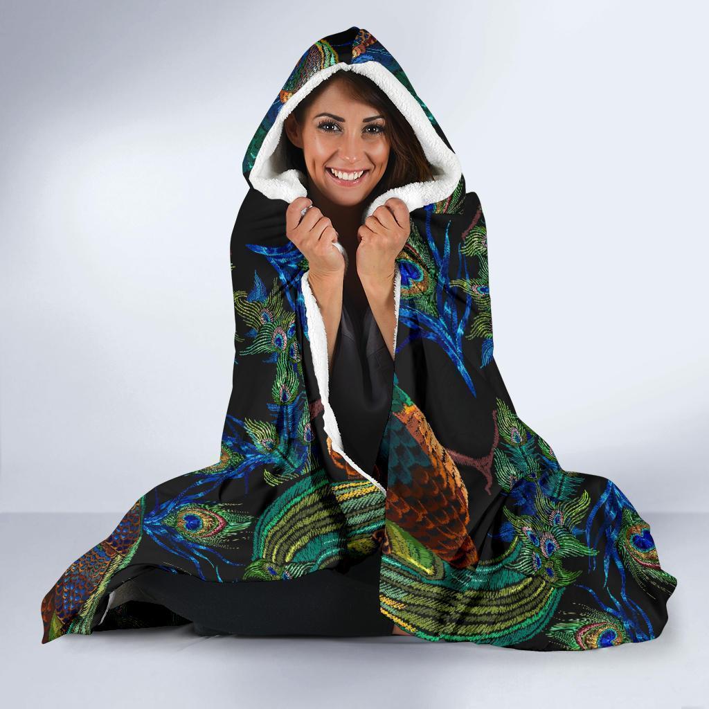 Peacock Feather Pattern Print Hooded Blanket-grizzshop