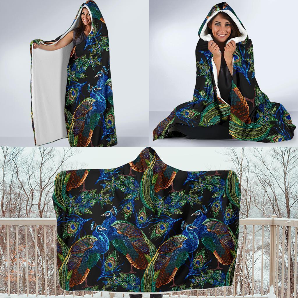 Peacock Feather Pattern Print Hooded Blanket-grizzshop