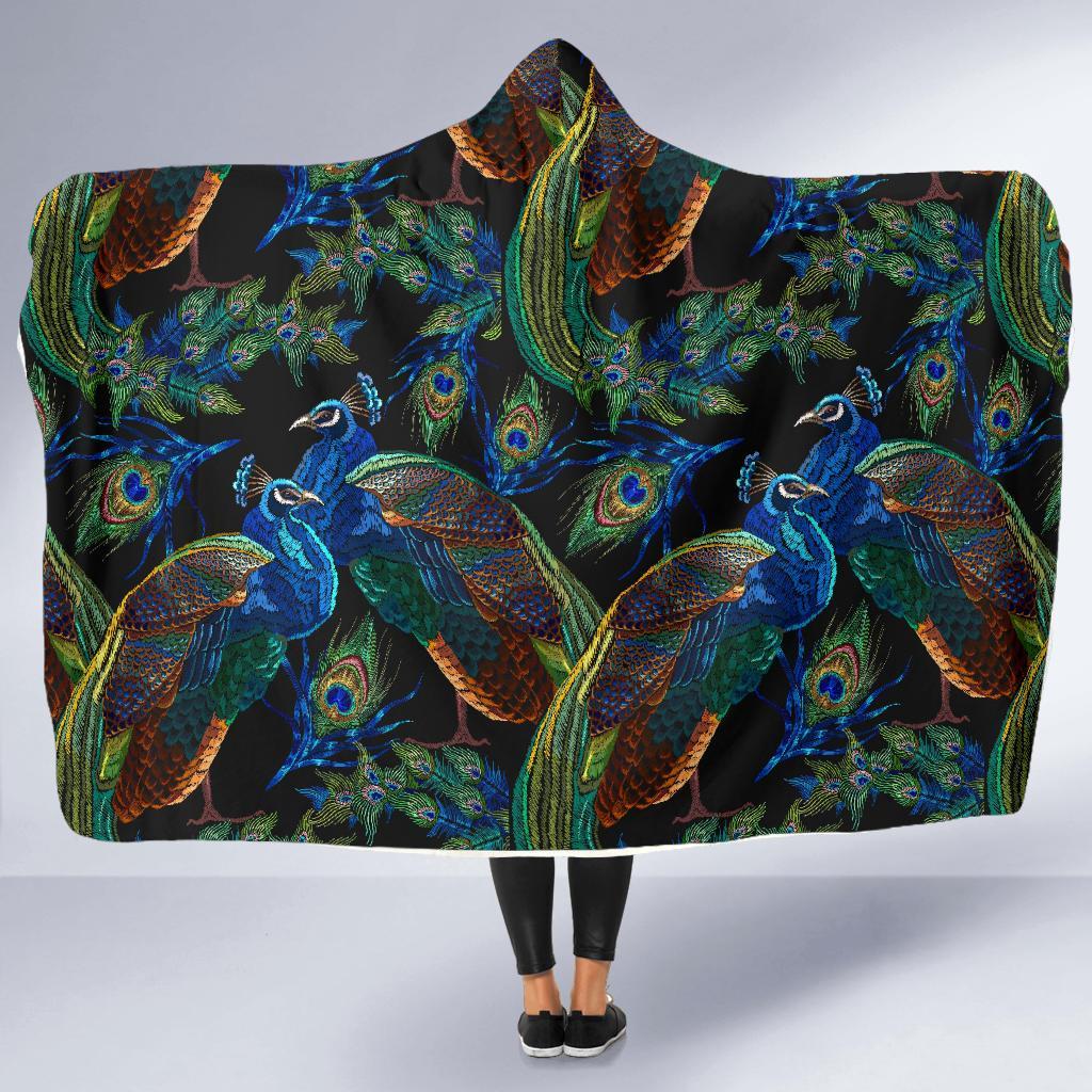 Peacock Feather Pattern Print Hooded Blanket-grizzshop