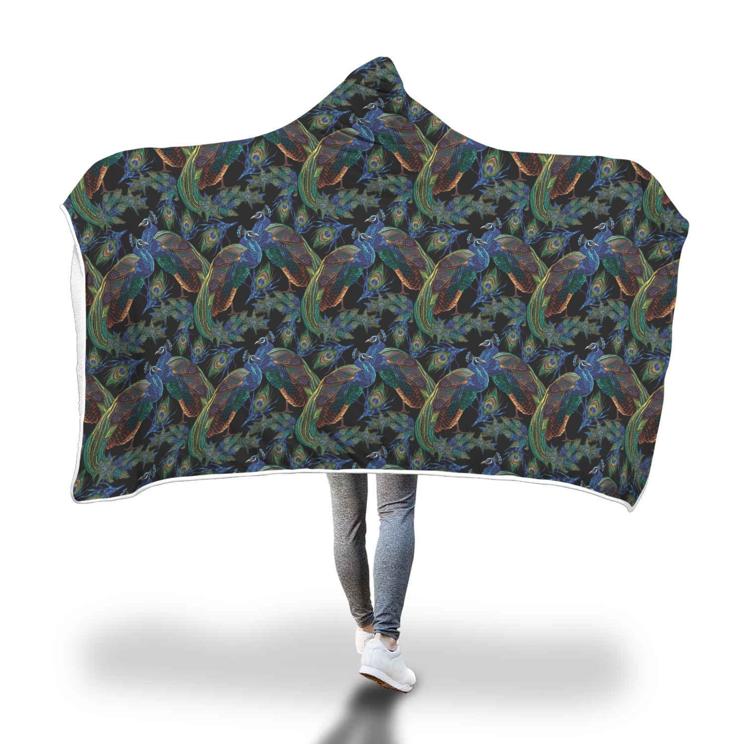 Peacock Feather Pattern Print Hooded Blanket-grizzshop