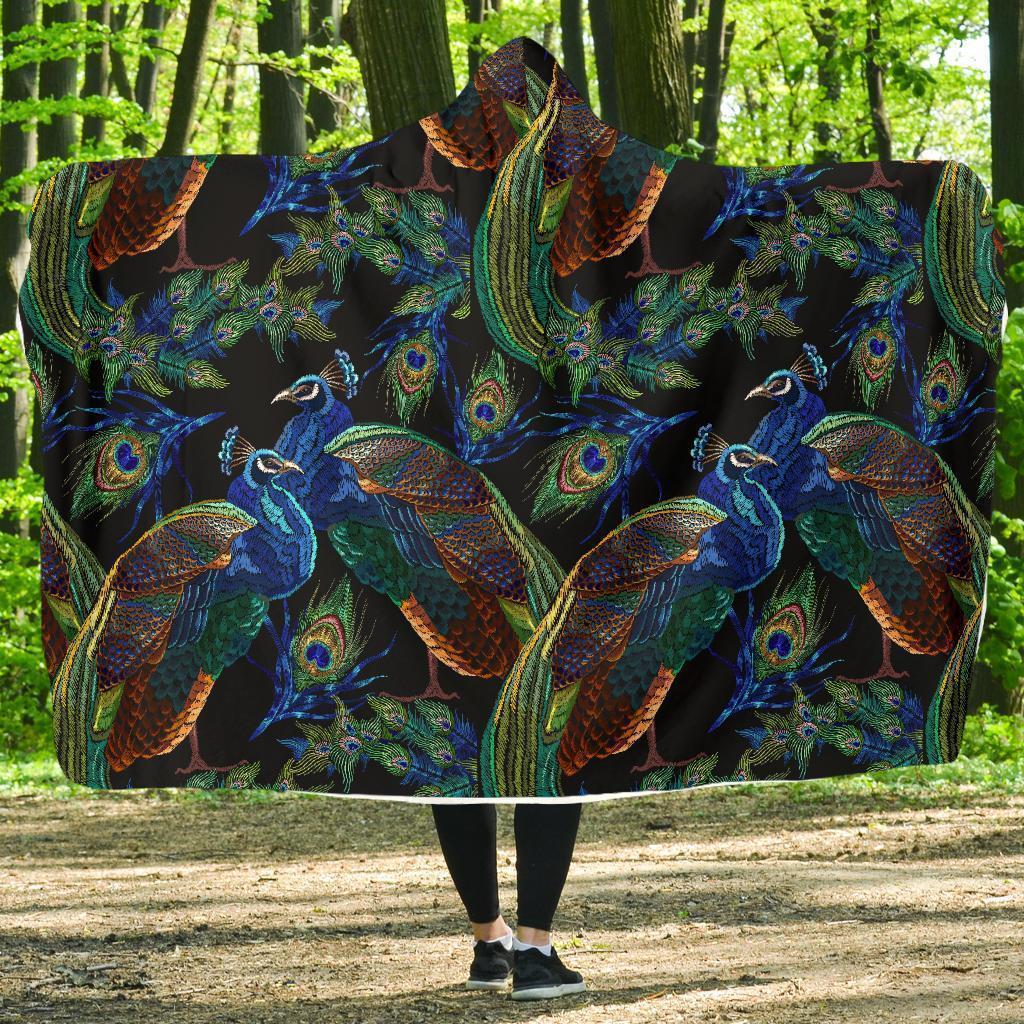 Peacock Feather Pattern Print Hooded Blanket-grizzshop