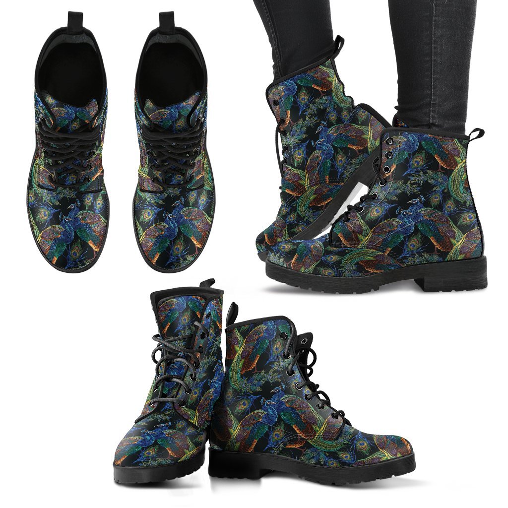 Peacock Feather Pattern Print Men Women Leather Boots-grizzshop