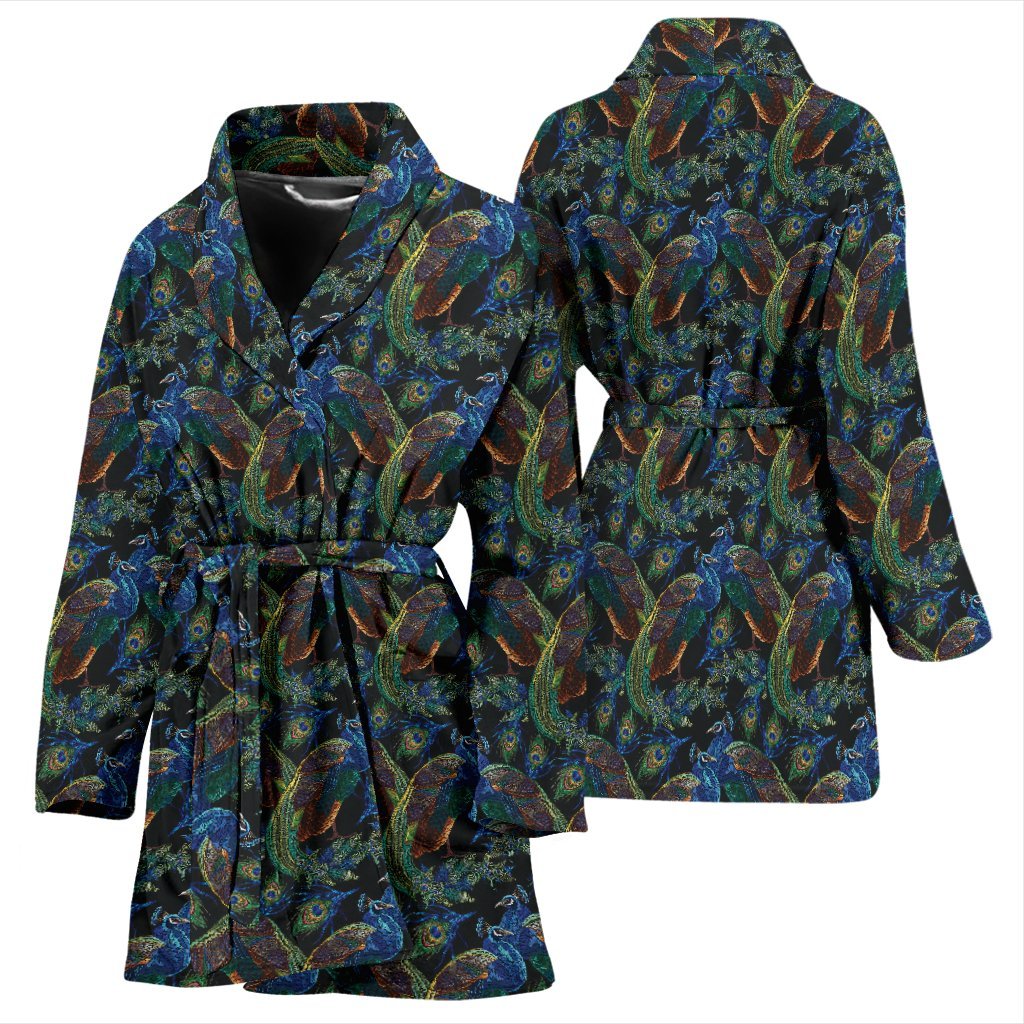 Peacock Feather Pattern Print Women Long Robe-grizzshop