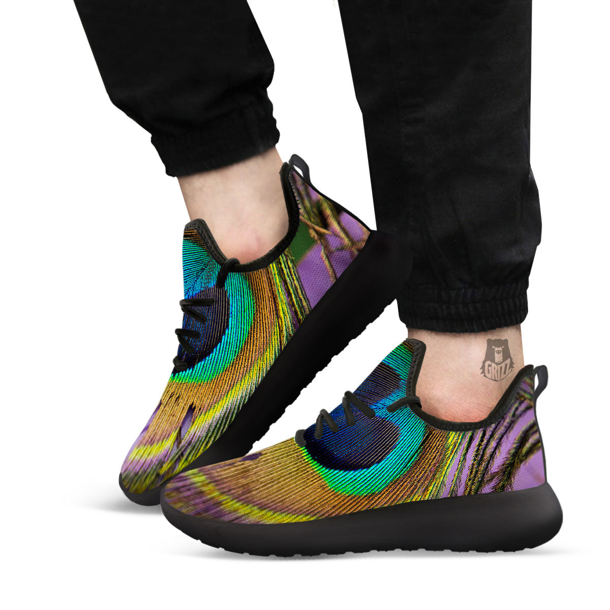 Peacock Feather Purple Bohemian Print Black Athletic Shoes-grizzshop