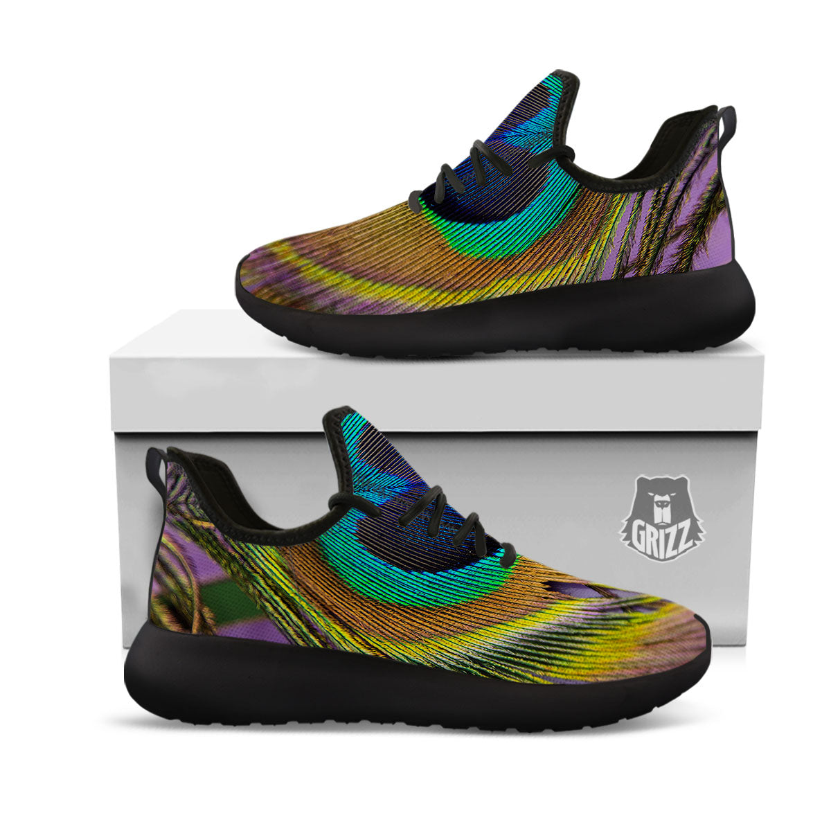 Peacock Feather Purple Bohemian Print Black Athletic Shoes-grizzshop