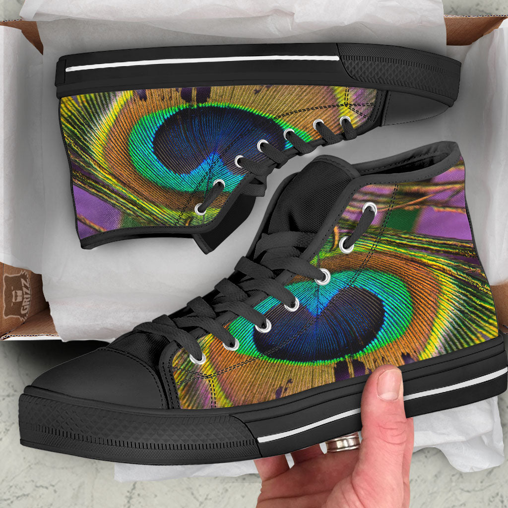 Peacock Feather Purple Bohemian Print Black High Top Shoes-grizzshop