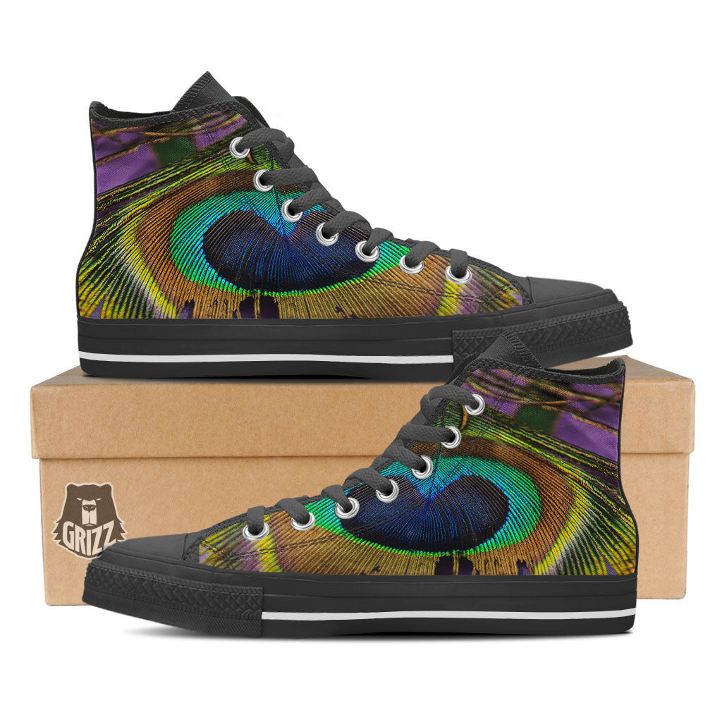 Peacock Feather Purple Bohemian Print Black High Top Shoes-grizzshop