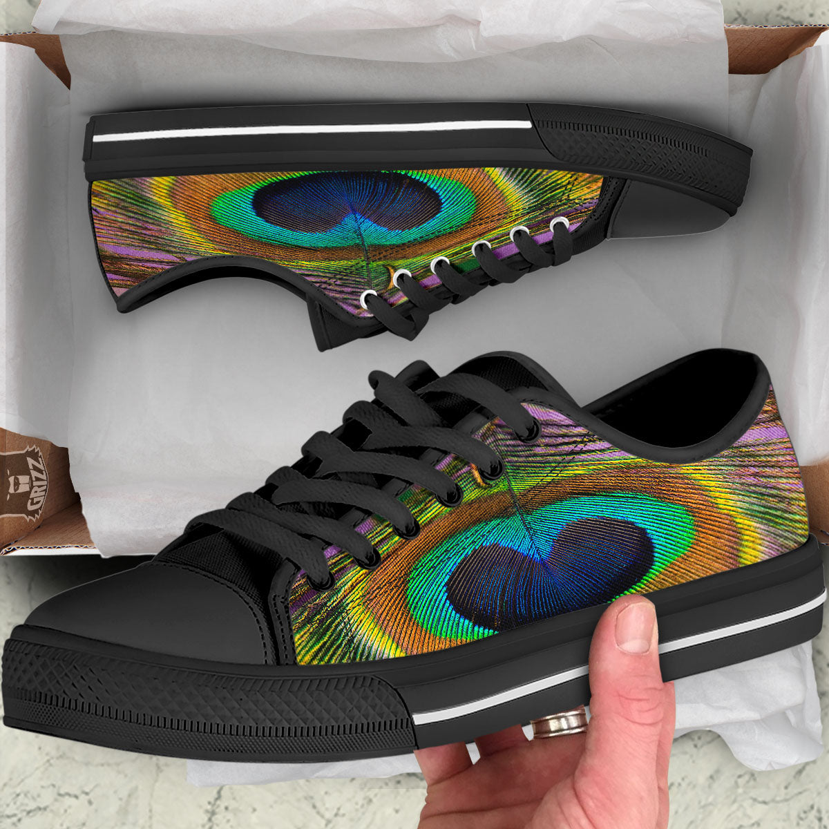 Peacock Feather Purple Bohemian Print Black Low Top Shoes-grizzshop