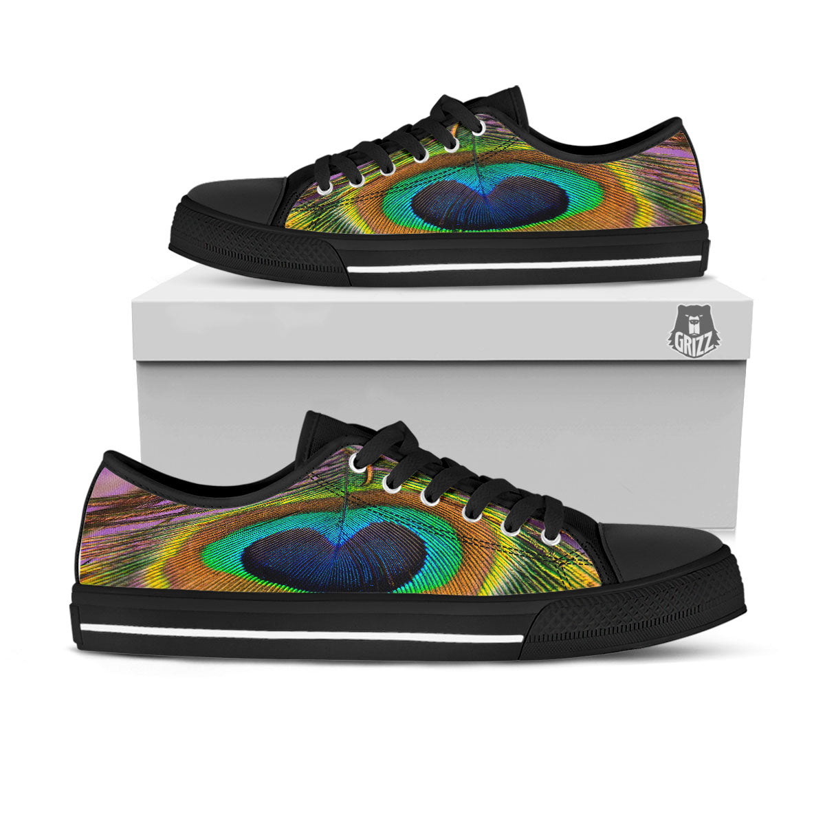 Peacock Feather Purple Bohemian Print Black Low Top Shoes-grizzshop