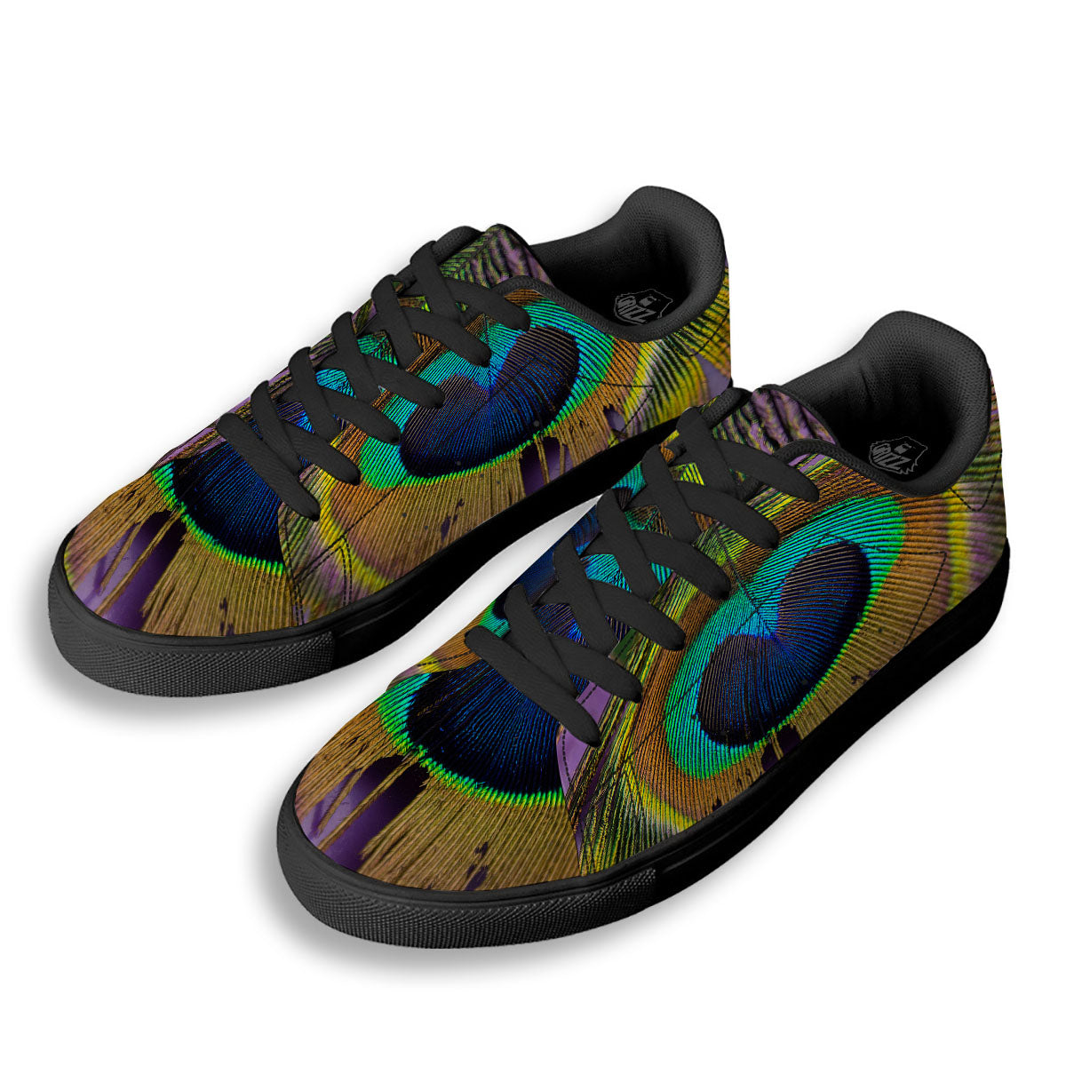 Peacock Feather Purple Bohemian Print Black Low Top Sneakers-grizzshop